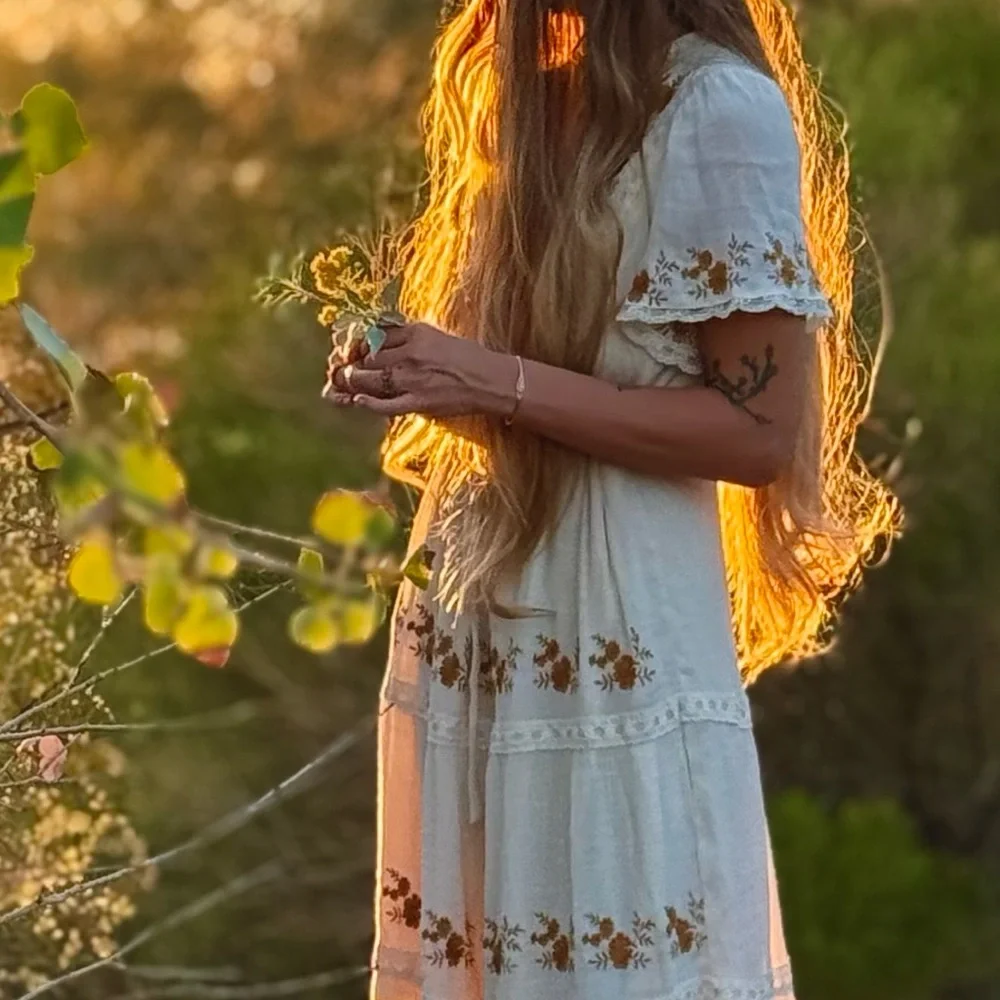 Baevely Bohemian Floral Neutral Tiered Maxi Dress - Picture 6 of 6